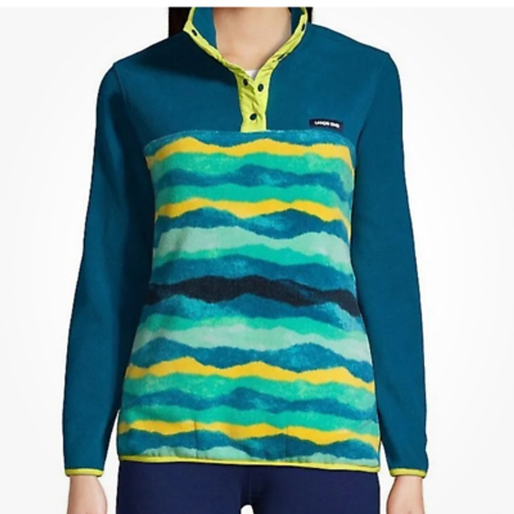 Lands' End Women's Heritage Fleece pullover in teal mountain ombre, size M/T